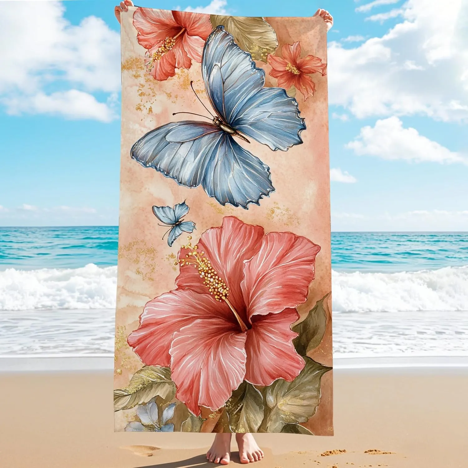 Tropical Hibiscus Butterfly Beach Towel Soft Microfiber Quick Dry Absorbent Sand Free Lightweight Floral Vacation Picnic Essentials 62x31 Inch