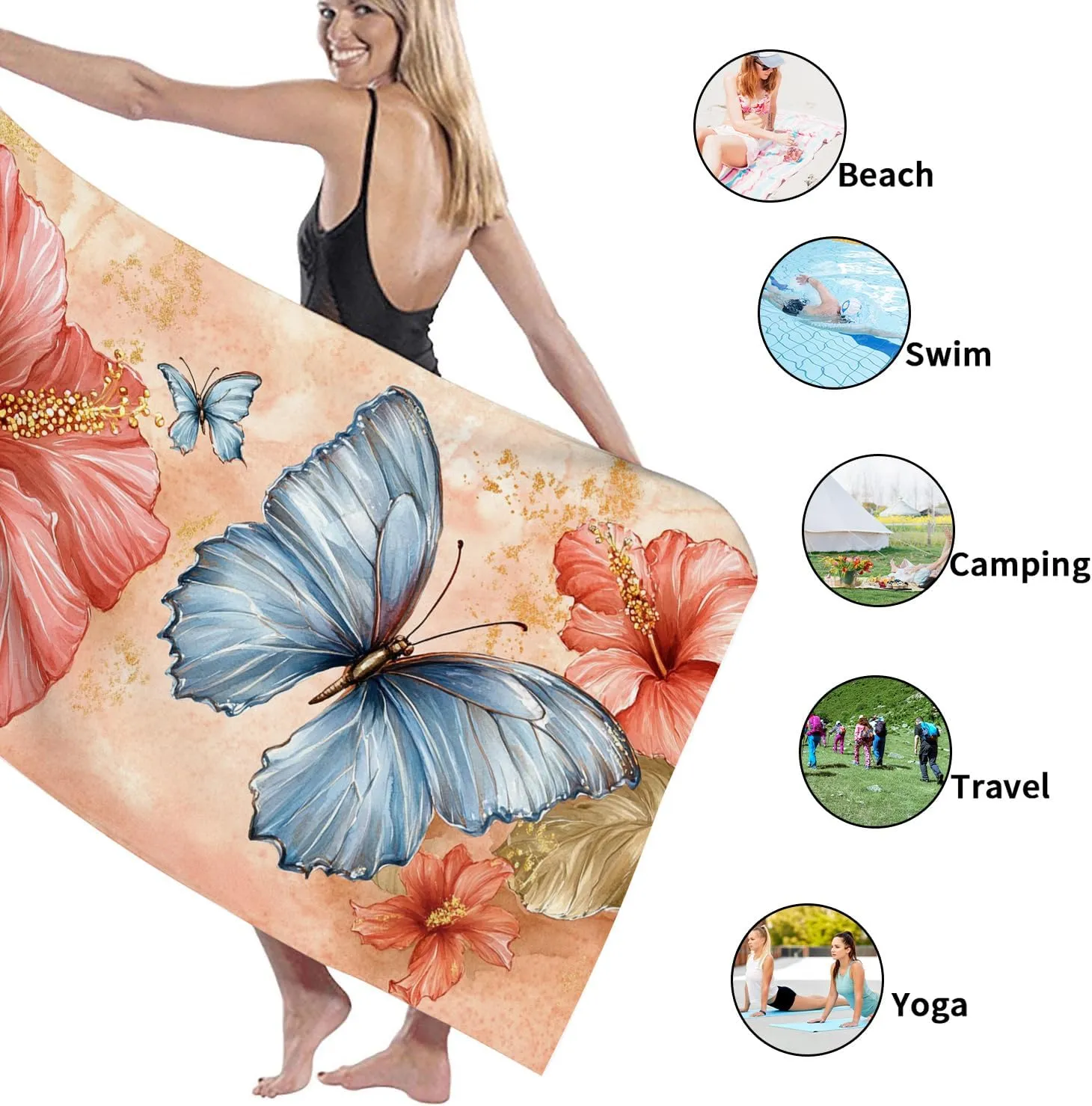 Tropical Hibiscus Butterfly Beach Towel Soft Microfiber Quick Dry Absorbent Sand Free Lightweight Floral Vacation Picnic Essentials 62x31 Inch