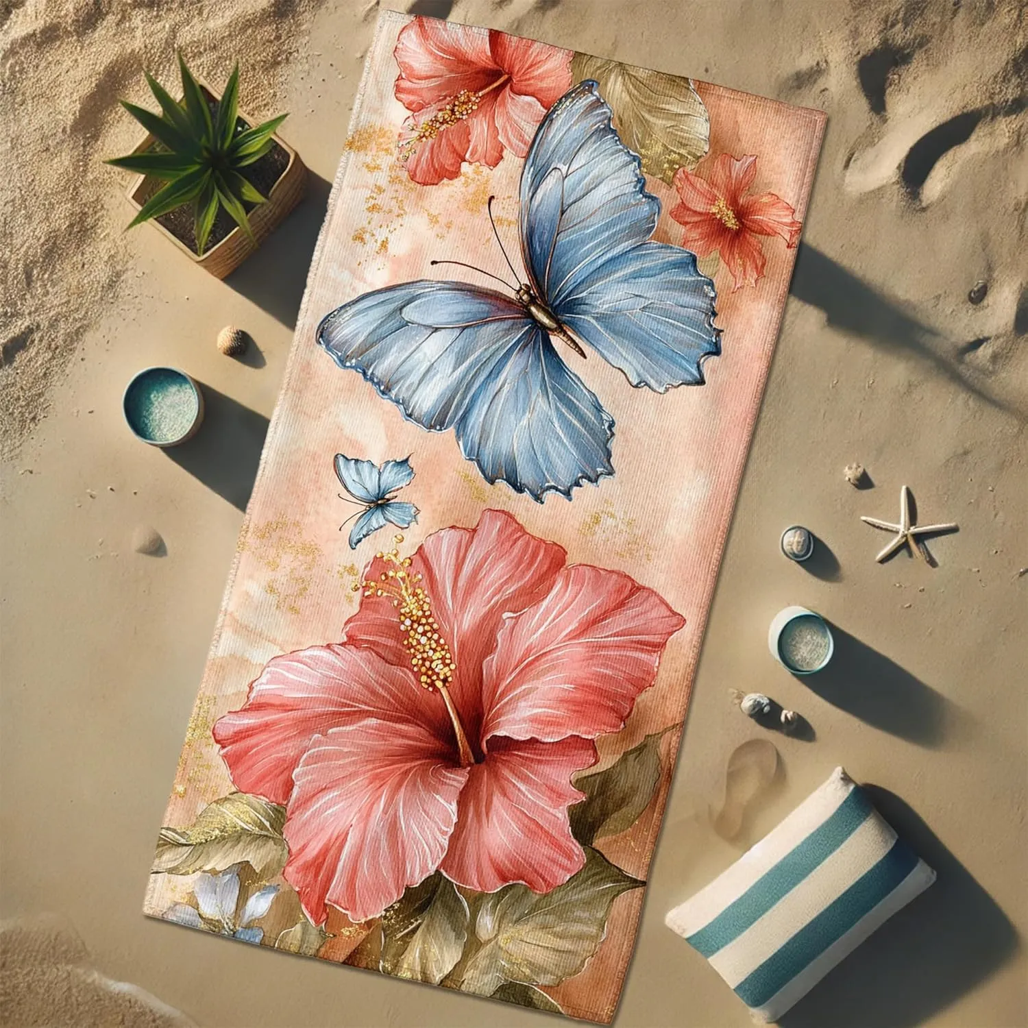 Tropical Hibiscus Butterfly Beach Towel Soft Microfiber Quick Dry Absorbent Sand Free Lightweight Floral Vacation Picnic Essentials 62x31 Inch