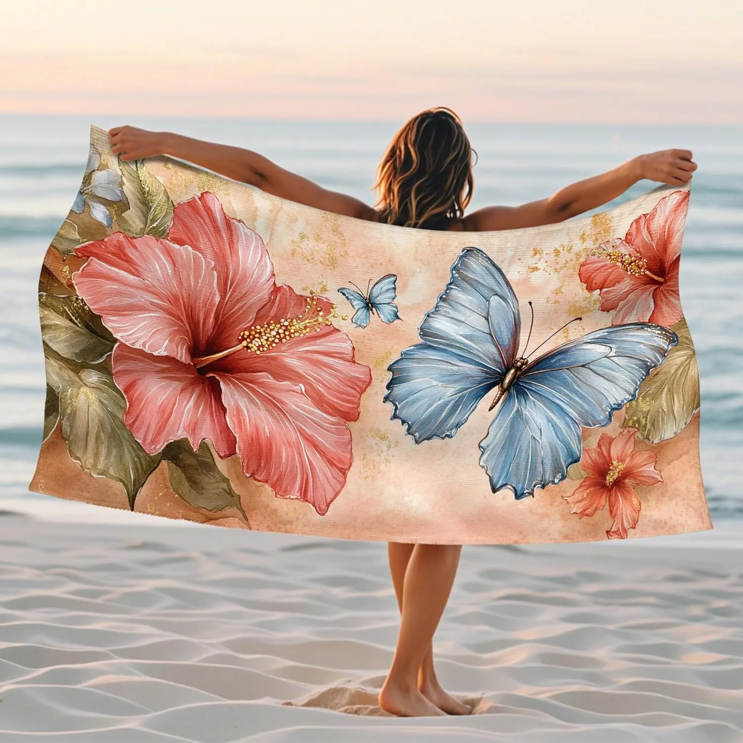 Tropical Hibiscus Butterfly Beach Towel Soft Microfiber Quick Dry Absorbent Sand Free Lightweight Floral Vacation Picnic Essentials 62x31 Inch