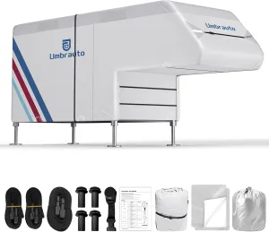 Truck Camper Cover for 8–10FT Slide-in Campers – 300D Oxford Waterproof RV Cover, Silver-Coated, All-Weather Protection with Windproof Straps & Air Vents