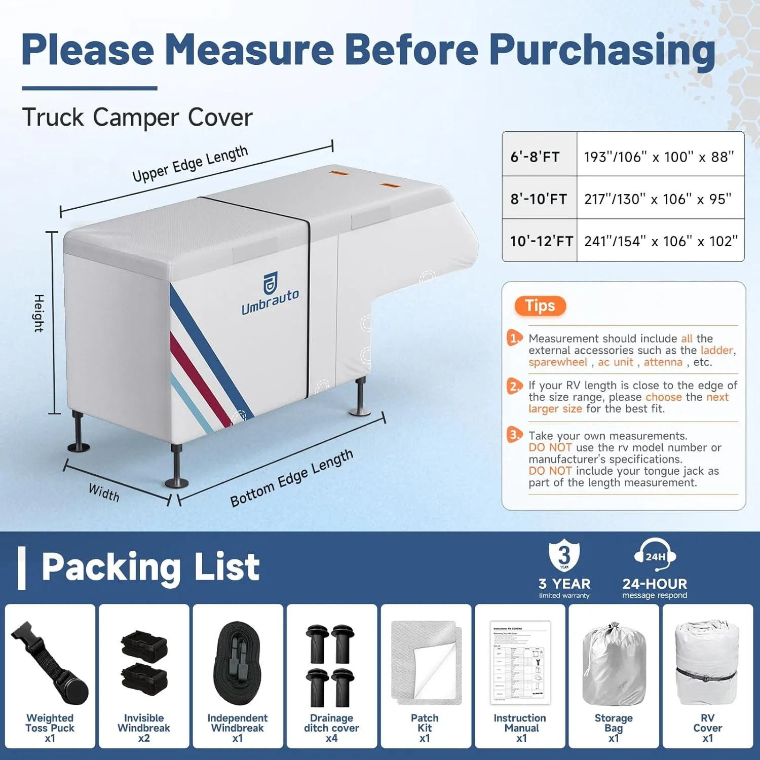 Truck Camper Cover for 8–10FT Slide-in Campers – 300D Oxford Waterproof RV Cover, Silver-Coated, All-Weather Protection with Windproof Straps & Air Vents