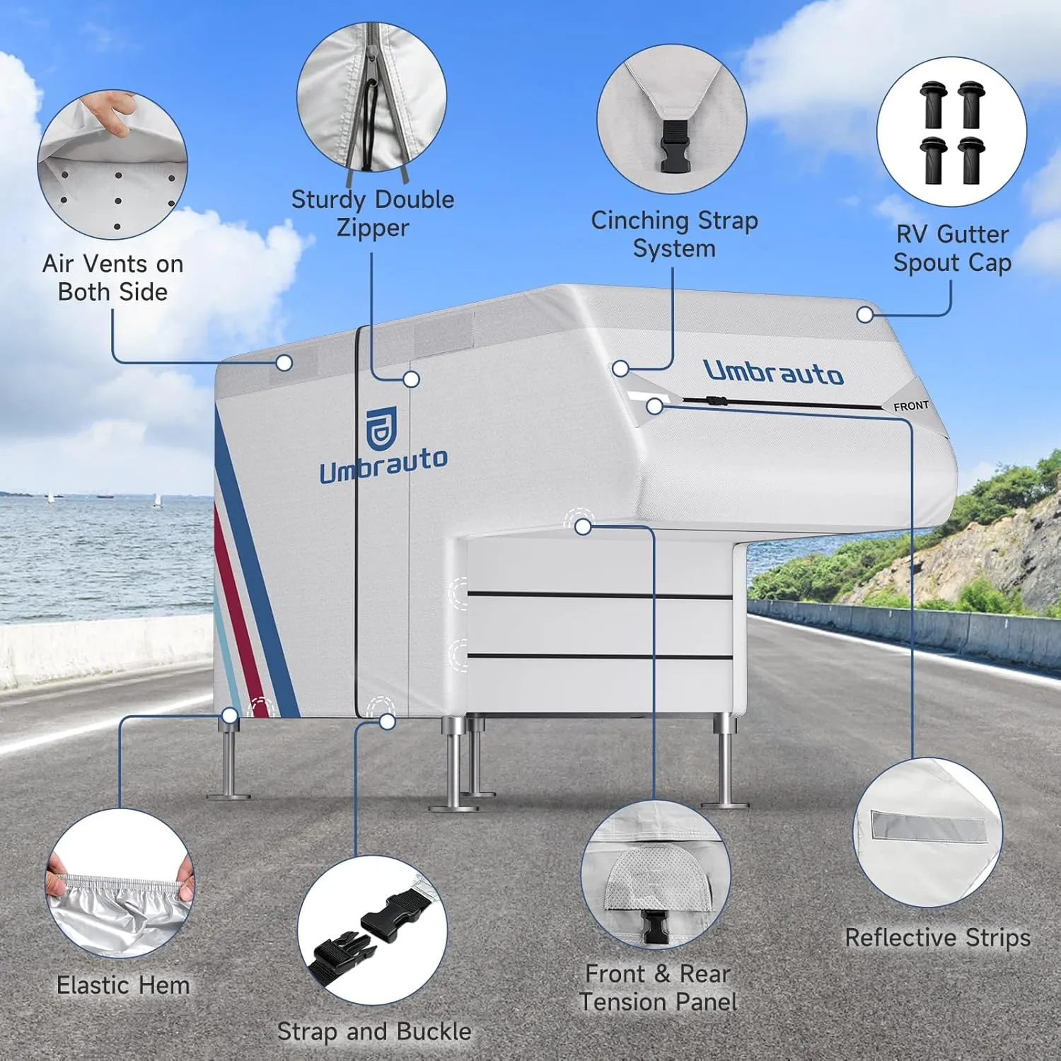 Truck Camper Cover for 8–10FT Slide-in Campers – 300D Oxford Waterproof RV Cover, Silver-Coated, All-Weather Protection with Windproof Straps & Air Vents