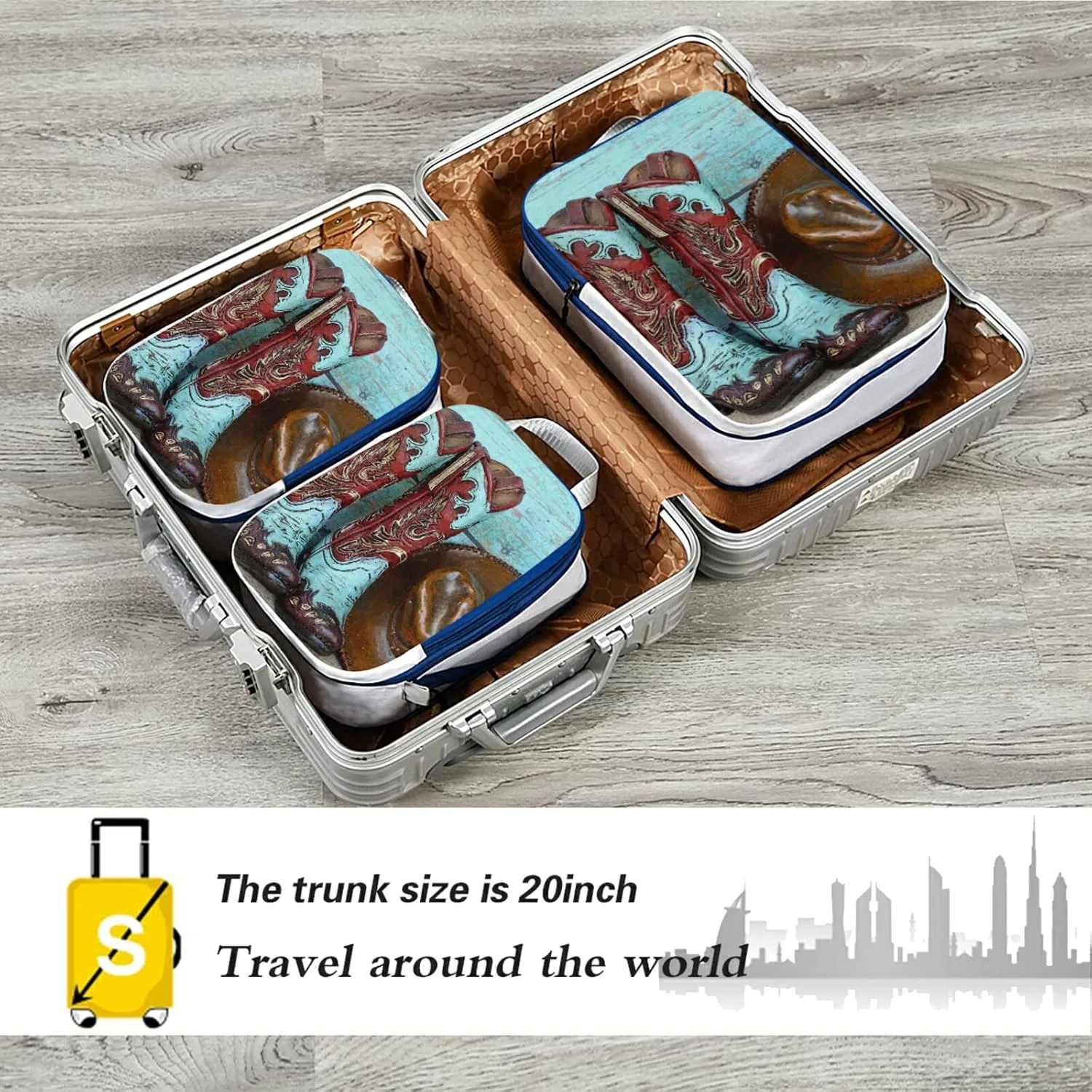 Turquoise and Red Cowboy Boots and Hat Standing on Wood 3 Piece set Cubes Expandable Adjustable Luggage Packing Bags, Ultralight Organizer Accessories Travel Suitcase Compressible Bags
