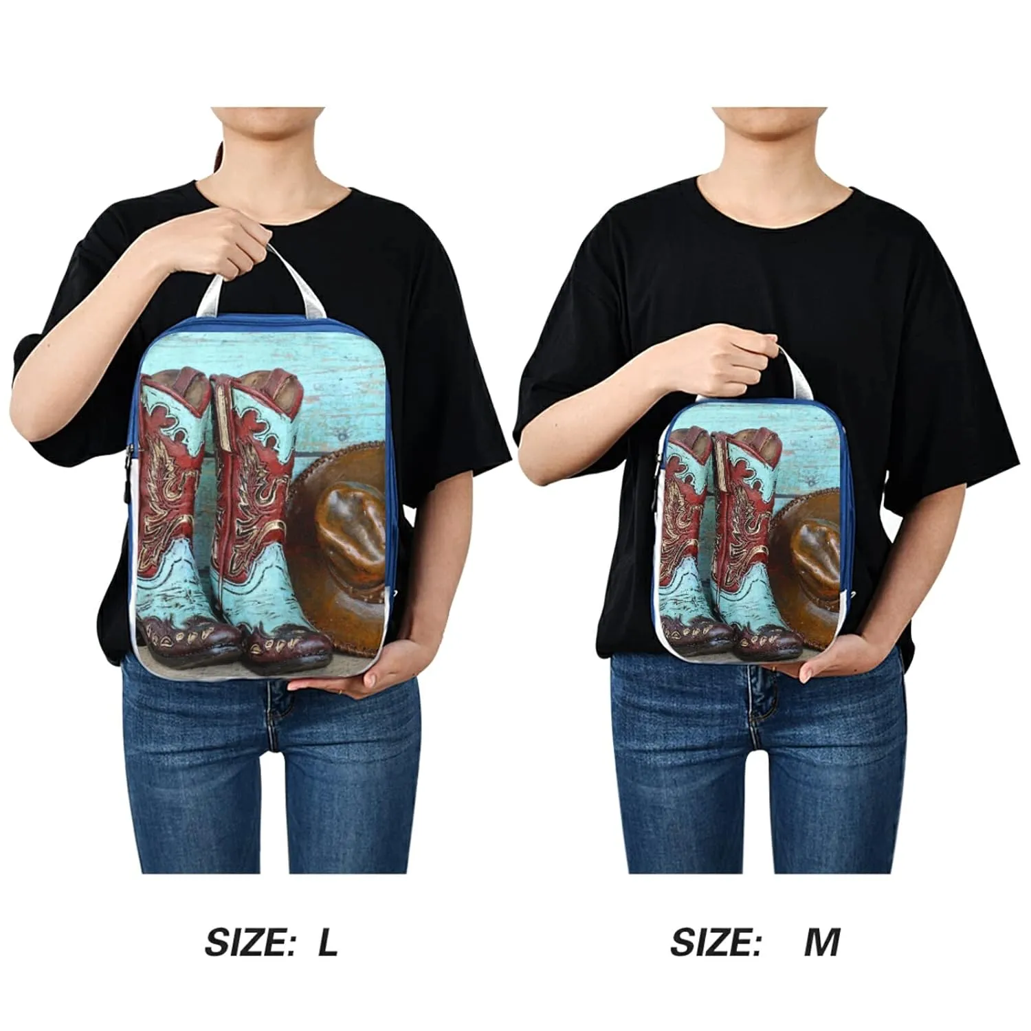 Turquoise and Red Cowboy Boots and Hat Standing on Wood 3 Piece set Cubes Expandable Adjustable Luggage Packing Bags, Ultralight Organizer Accessories Travel Suitcase Compressible Bags