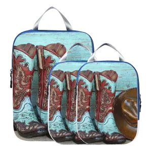 Turquoise and Red Cowboy Boots and Hat Standing on Wood 3 Piece set Cubes Expandable Adjustable Luggage Packing Bags, Ultralight Organizer Accessories Travel Suitcase Compressible Bags