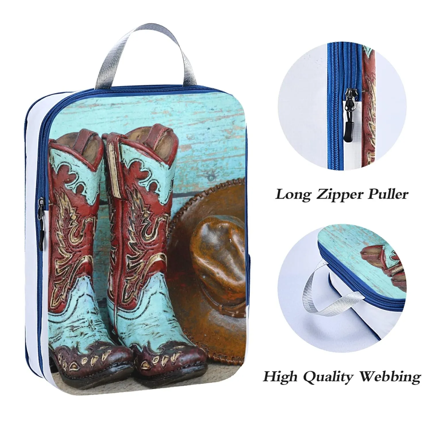 Turquoise and Red Cowboy Boots and Hat Standing on Wood 3 Piece set Cubes Expandable Adjustable Luggage Packing Bags, Ultralight Organizer Accessories Travel Suitcase Compressible Bags