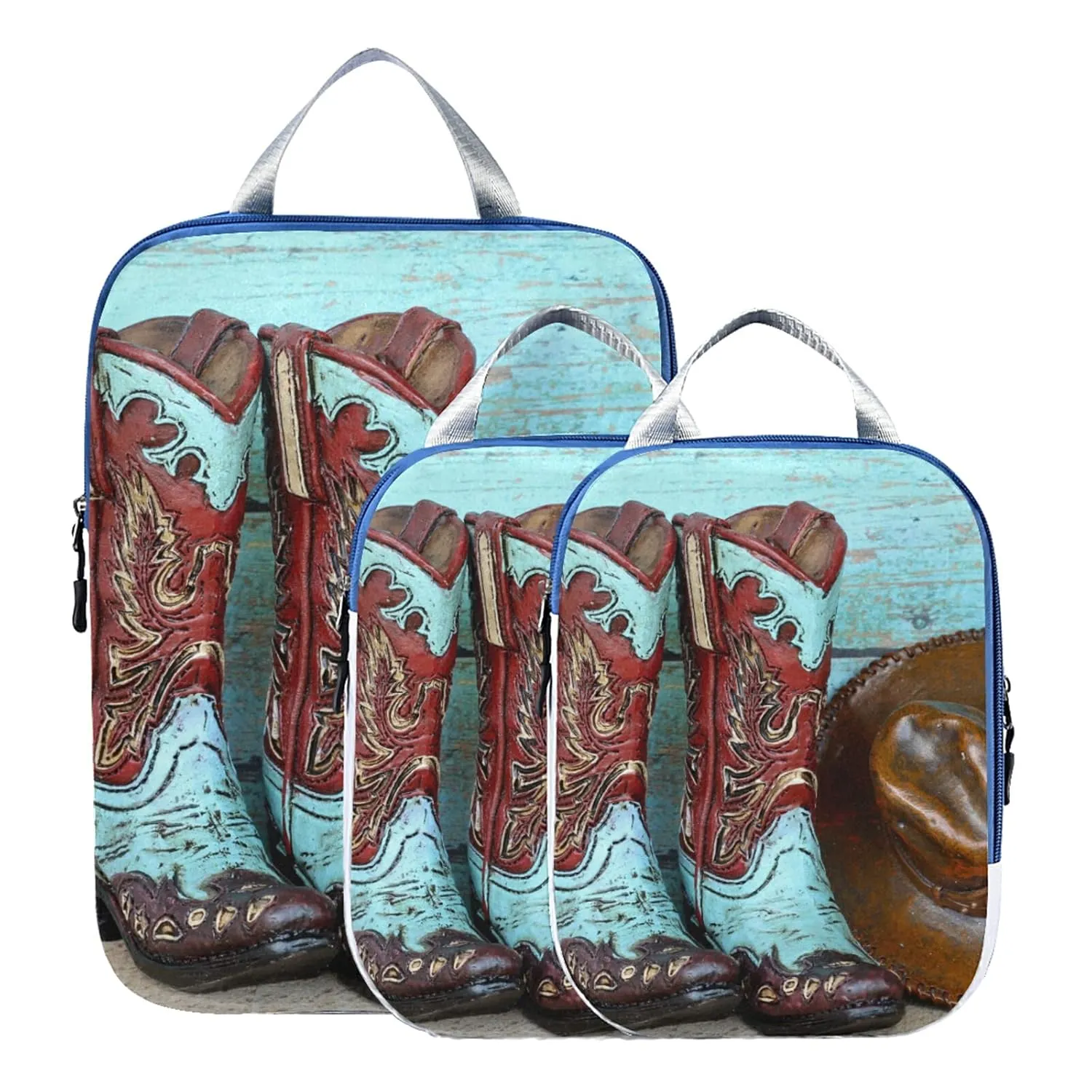 Turquoise and Red Cowboy Boots and Hat Standing on Wood 3 Piece set Cubes Expandable Adjustable Luggage Packing Bags, Ultralight Organizer Accessories Travel Suitcase Compressible Bags
