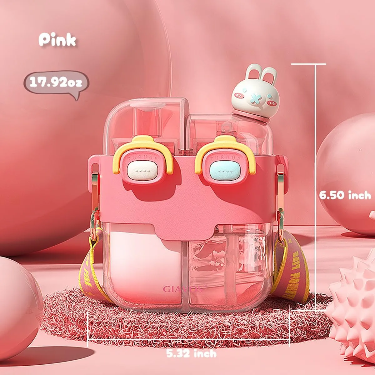Two Drink Kids Water Bottle with Straw Cute Aesthetic Large Capacity Two-Layer Cup for Little Girls Student Boys School Outdoor Travel, PP and PC Material, 18 oz (Pink)