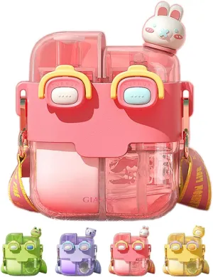 Two Drink Kids Water Bottle with Straw Cute Aesthetic Large Capacity Two-Layer Cup for Little Girls Student Boys School Outdoor Travel, PP and PC Material, 18 oz (Pink)