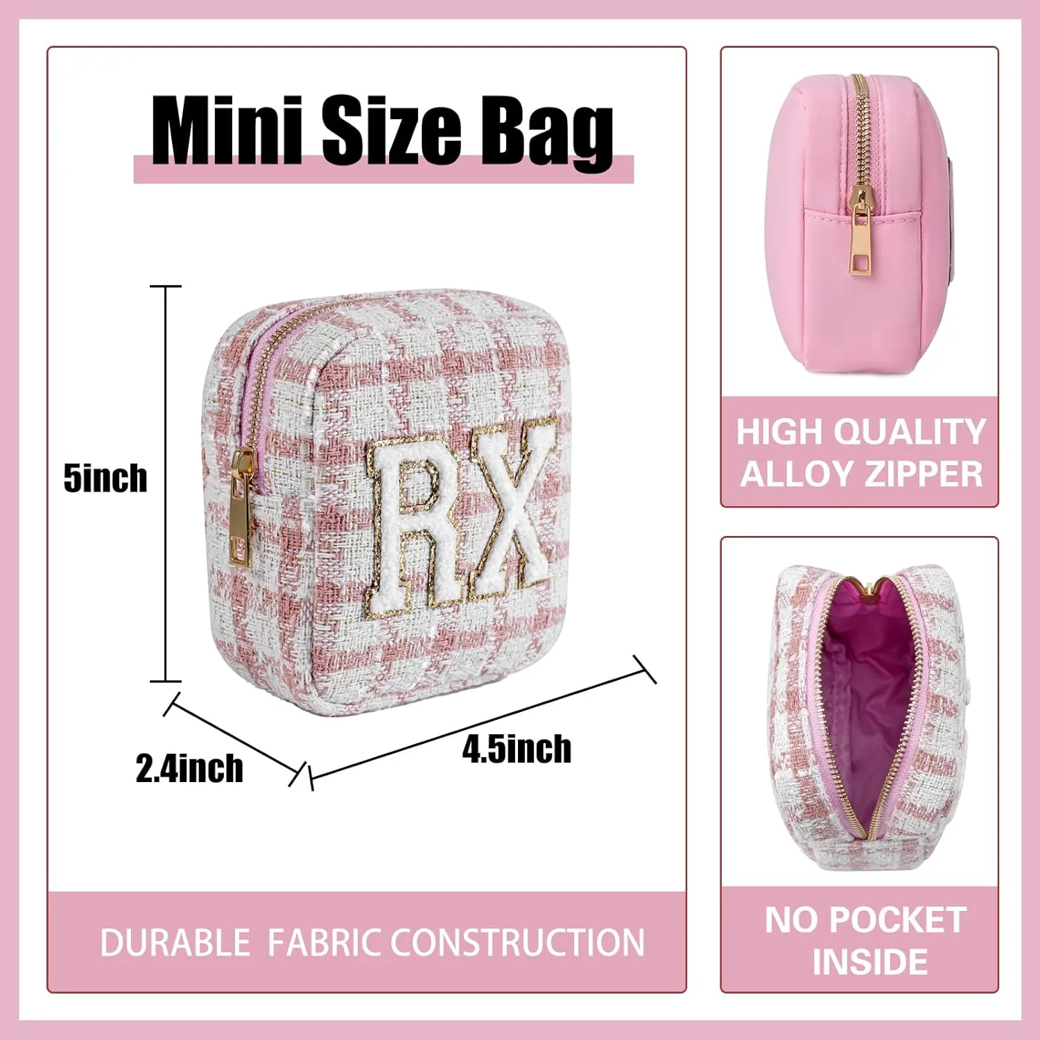 uekeboag Personalized Small Checkered Medicine Cosmetic Bag, Cute Plaid Pattern Chenille Letter Patch RX Drug Pouch with Zipper, Makeup Travel Gift Bag for Women and Girls (08 Pink Checkered)