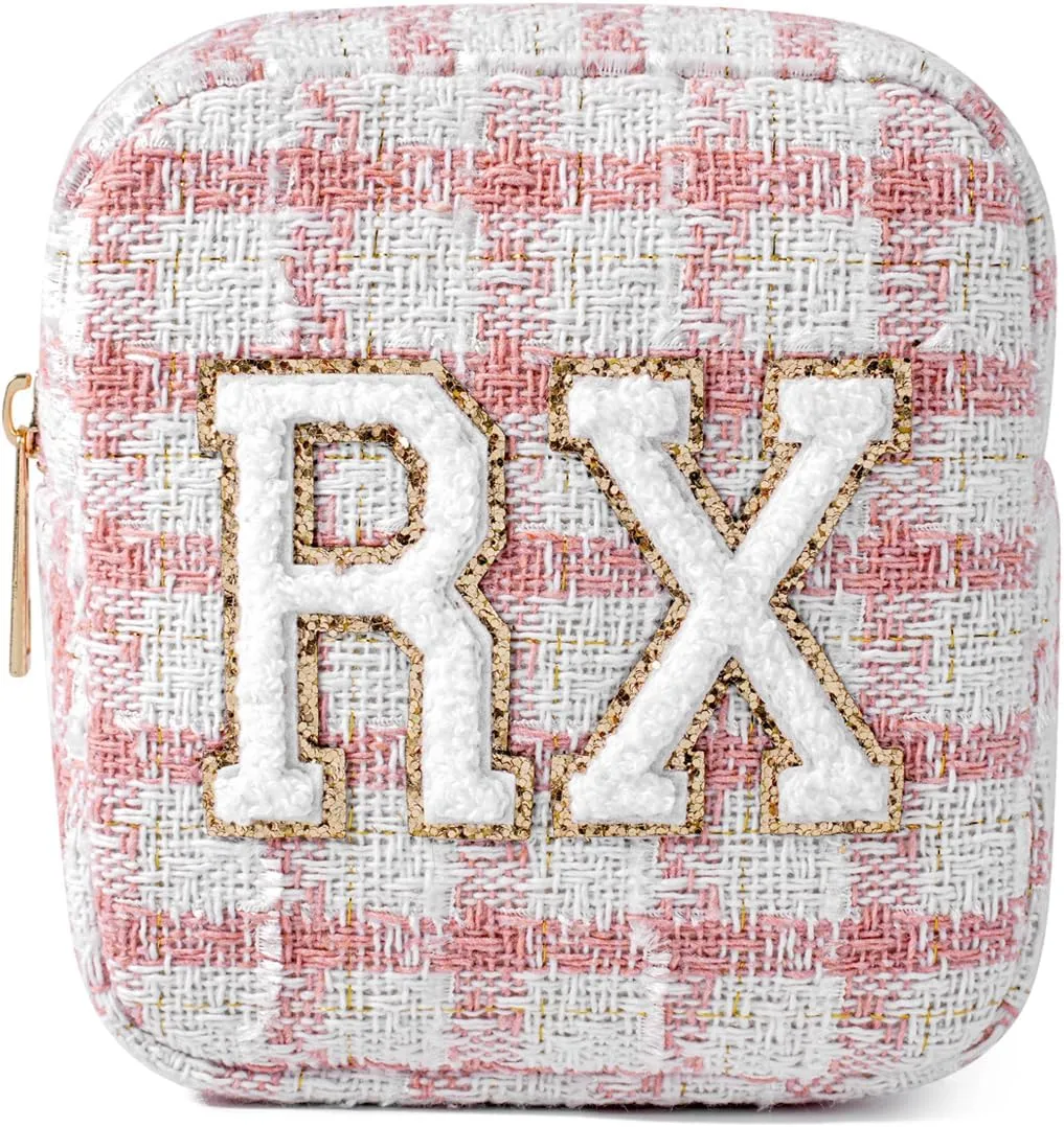 uekeboag Personalized Small Checkered Medicine Cosmetic Bag, Cute Plaid Pattern Chenille Letter Patch RX Drug Pouch with Zipper, Makeup Travel Gift Bag for Women and Girls (08 Pink Checkered)
