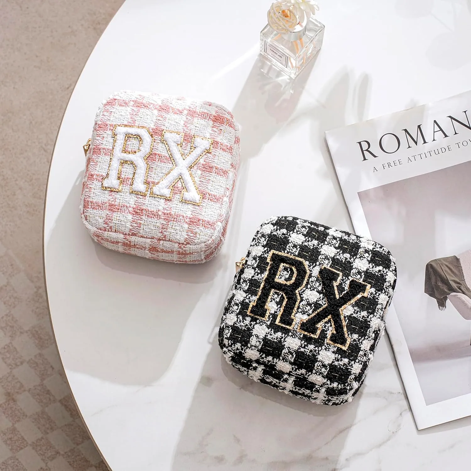 uekeboag Personalized Small Checkered Medicine Cosmetic Bag, Cute Plaid Pattern Chenille Letter Patch RX Drug Pouch with Zipper, Makeup Travel Gift Bag for Women and Girls (08 Pink Checkered)