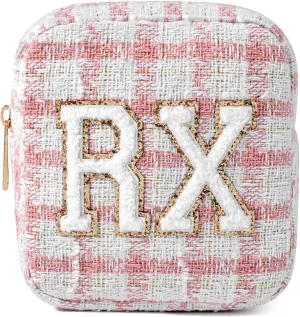 uekeboag Personalized Small Checkered Medicine Cosmetic Bag, Cute Plaid Pattern Chenille Letter Patch RX Drug Pouch with Zipper, Makeup Travel Gift Bag for Women and Girls (08 Pink Checkered)