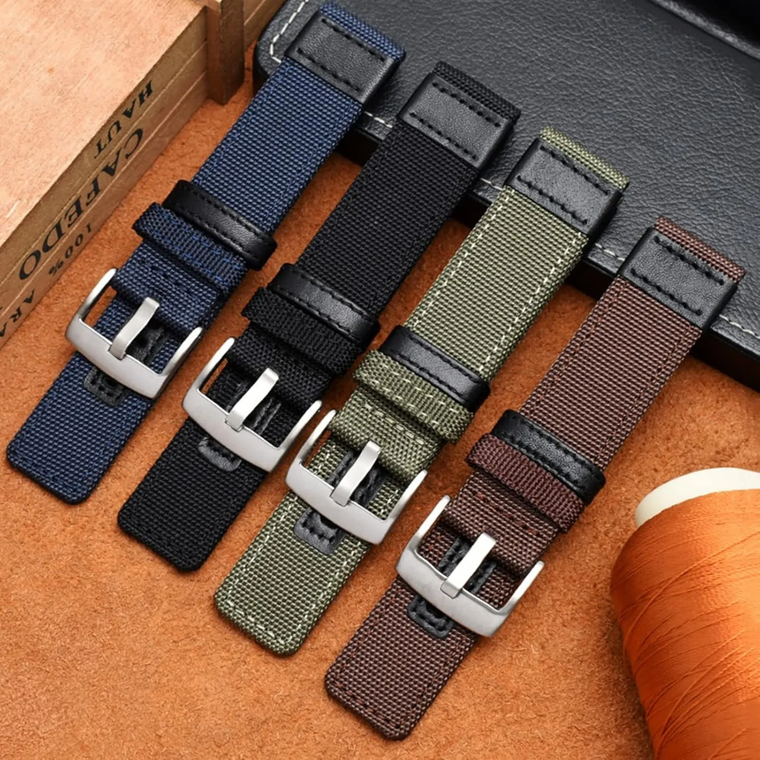 Universal Strap,20/22/24mm Men Canvas Nylon Heavy Duty Watchband Wear-resistant Splicing Pin Buckle Watch Strap Wrist Band