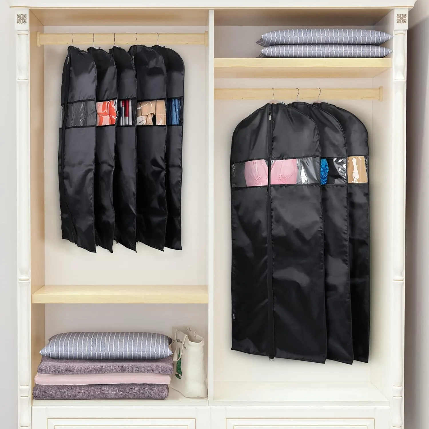 Univivi 8 Pack Suit Bags 43" Waterproof Black Garment Bag, Coat Covers from Dust with Zipper and Transparent Window, for Hanging Clothes, all coats, suits, women shirts, tuxedos, uniforms, winter