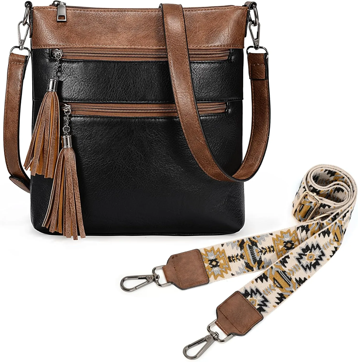 Uromee Crossbody Bags for Women Trendy Vegan Leather Multi Pocket Tassel Ladies Shoulder Handbag Purse Adjustable Strap