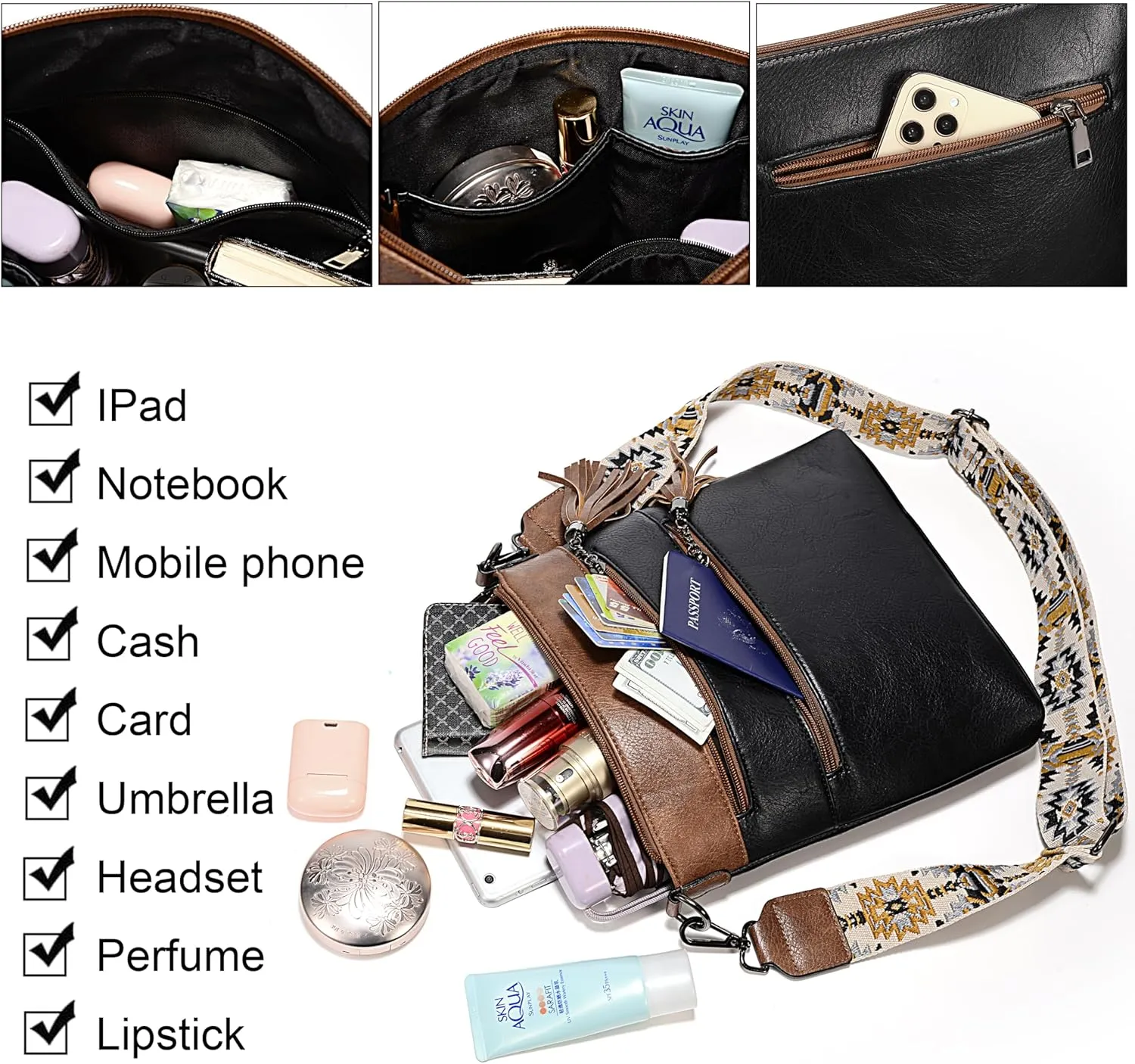 Uromee Crossbody Bags for Women Trendy Vegan Leather Multi Pocket Tassel Ladies Shoulder Handbag Purse Adjustable Strap