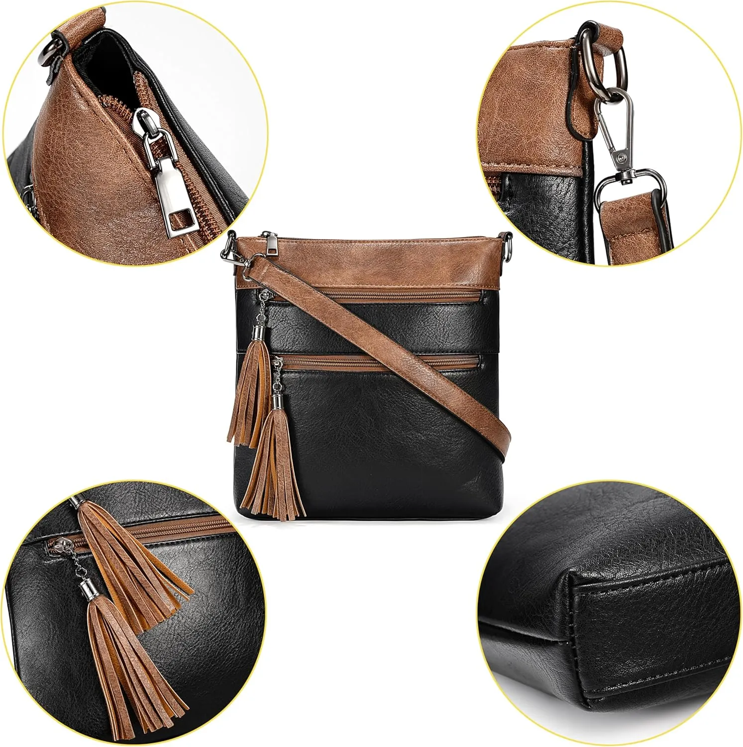 Uromee Crossbody Bags for Women Trendy Vegan Leather Multi Pocket Tassel Ladies Shoulder Handbag Purse Adjustable Strap