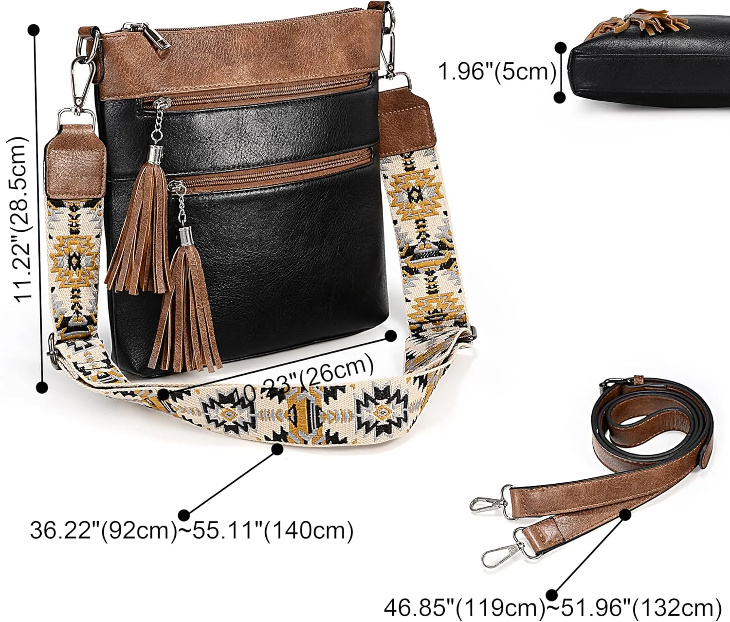 Uromee Crossbody Bags for Women Trendy Vegan Leather Multi Pocket Tassel Ladies Shoulder Handbag Purse Adjustable Strap