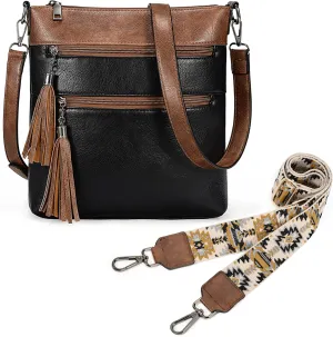 Uromee Crossbody Bags for Women Trendy Vegan Leather Multi Pocket Tassel Ladies Shoulder Handbag Purse Adjustable Strap