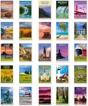 US STATE TRAVEL POSTERS Set of 50 postcards. United States vintage style poster post cards variety pack. Made in USA.