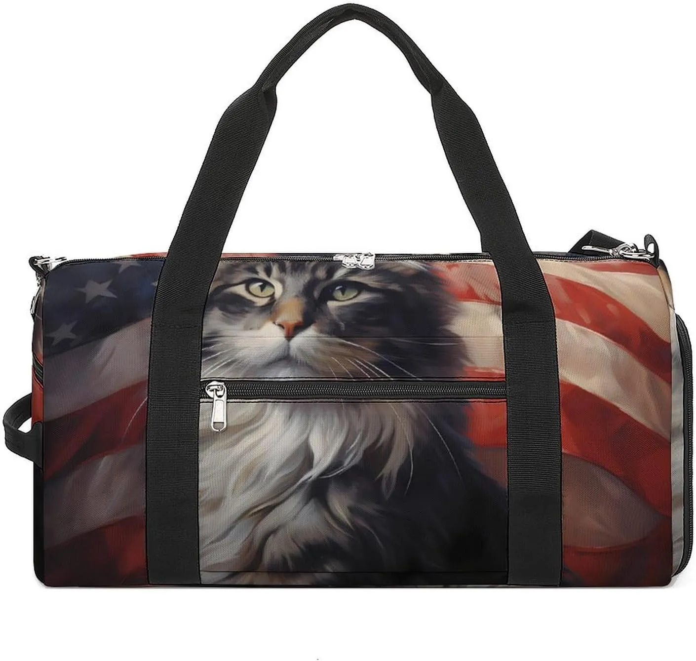 USA Flag White Tabby Norwegian Forest Cat Sports Gym Bag for Men Women Travel Duffel Bag with Shoulder Strap