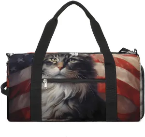 USA Flag White Tabby Norwegian Forest Cat Sports Gym Bag for Men Women Travel Duffel Bag with Shoulder Strap