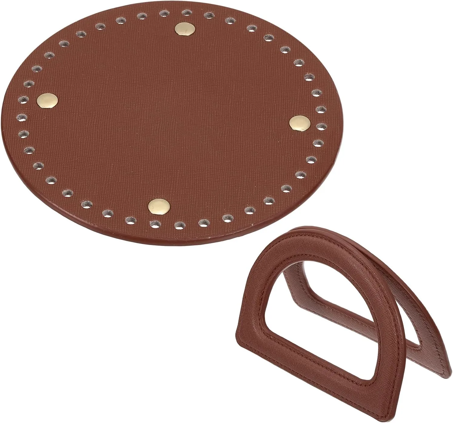 uxcell Crochet Bag Making Kit, 1Pcs 5.5" Round PU Leather Bag Bottom with 2Pcs D-Shaped Purse Handle Purse Making Supplies for DIY Woven Bag Crochet Handbag, Coffee