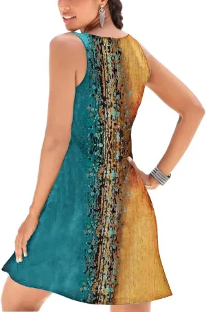 V-Neck Floral Printed Summer A-Line Elegant Dresses Womens Vintage Sleeveless Beach Sundress Ladies Casual Loose Boho Dress