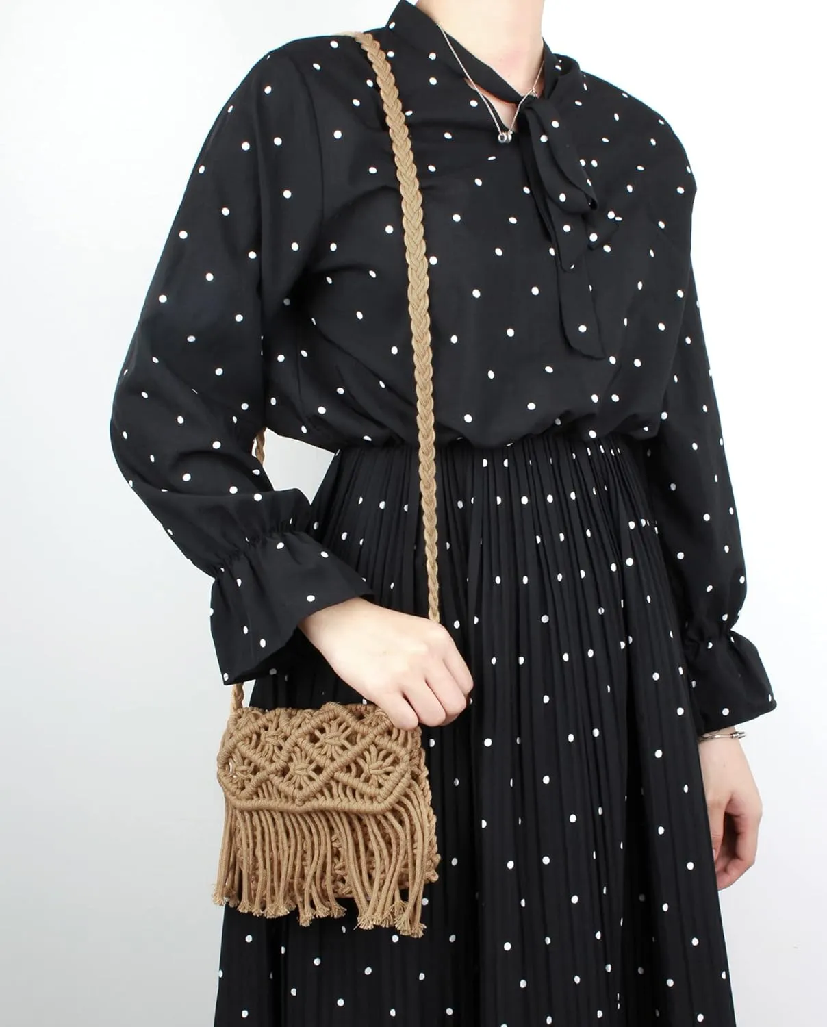 Van Caro Handwoven Cotton Straw Shoulder Bag Crochet Tassel Beach Bohemian Purse for Women