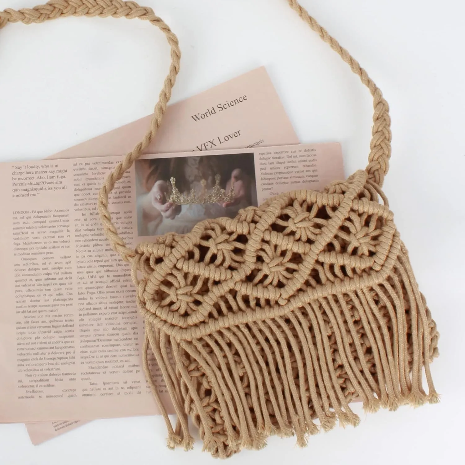 Van Caro Handwoven Cotton Straw Shoulder Bag Crochet Tassel Beach Bohemian Purse for Women