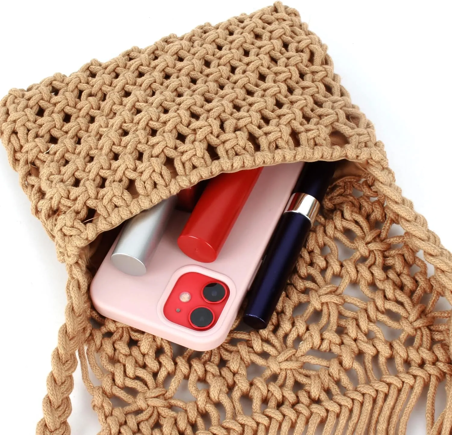 Van Caro Handwoven Cotton Straw Shoulder Bag Crochet Tassel Beach Bohemian Purse for Women