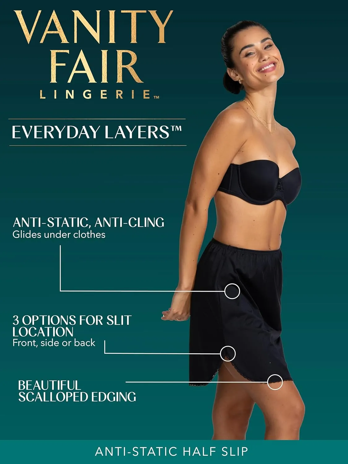 Vanity Fair Women's Anti-Static Nylon Half Slip for Under Dresses, Available up to size 3XL