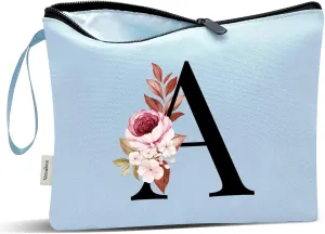 Vavabox A-Z Personalized Makeup Bag, Birthday Gifts for Women Mom, Gifts for Best Friend, Bride Bridesmaid Cosmetic bag (A, Blue)