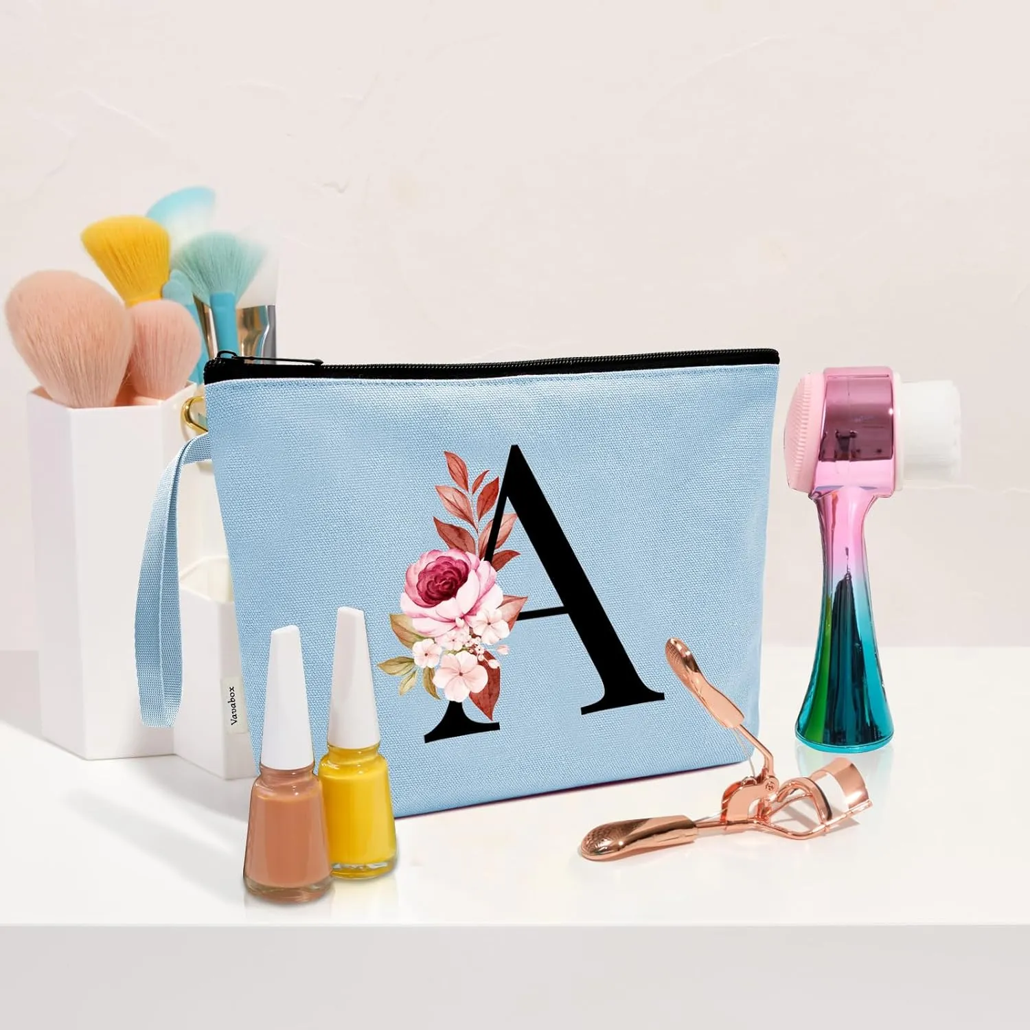 Vavabox A-Z Personalized Makeup Bag, Birthday Gifts for Women Mom, Gifts for Best Friend, Bride Bridesmaid Cosmetic bag (A, Blue)