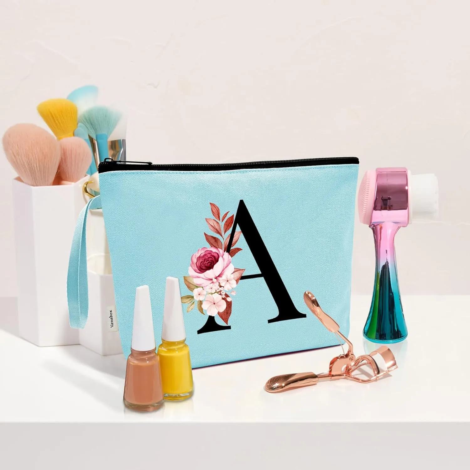 Vavabox A-Z Personalized Makeup Bag, Birthday Gifts for Women Mom, Gifts for Best Friend, Bride Bridesmaid Cosmetic bag (A, Green)