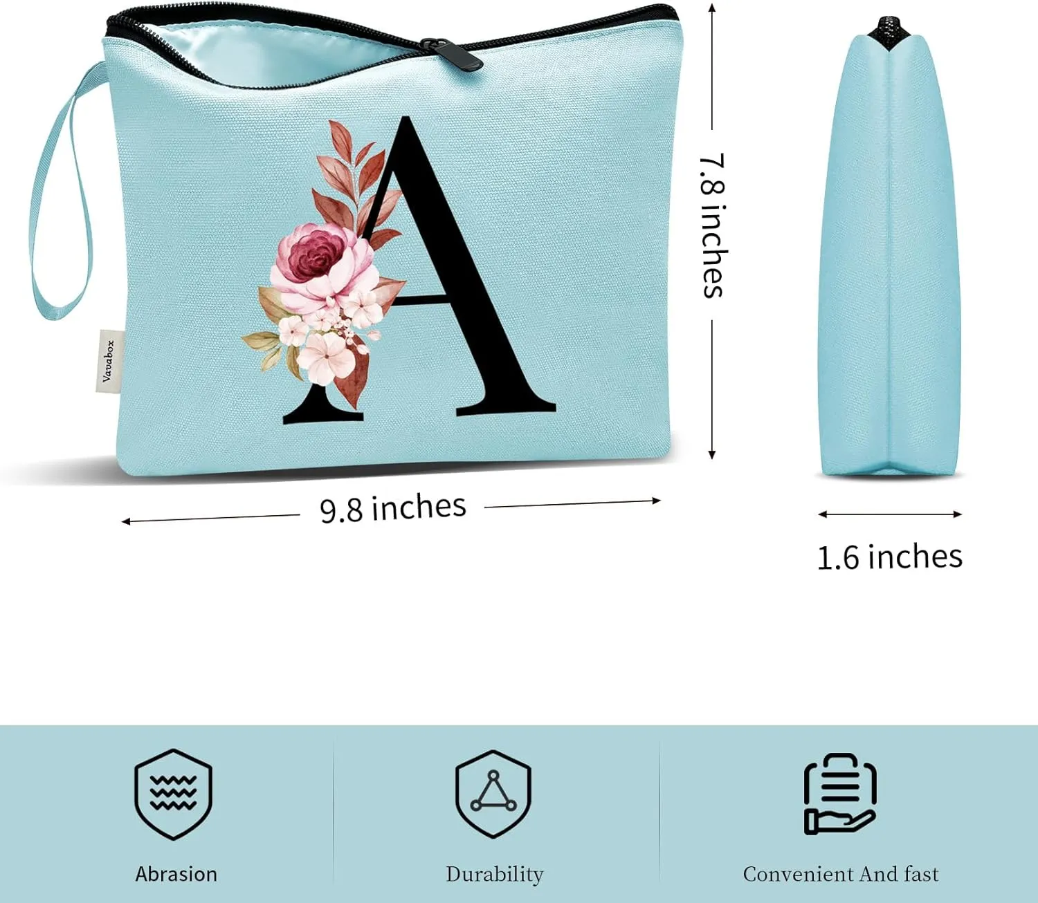 Vavabox A-Z Personalized Makeup Bag, Birthday Gifts for Women Mom, Gifts for Best Friend, Bride Bridesmaid Cosmetic bag (A, Green)
