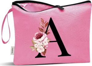 Vavabox A-Z Personalized Makeup Bag, Birthday Gifts for Women Mom, Gifts for Best Friend, Bride Bridesmaid Cosmetic bag (A, Peach)