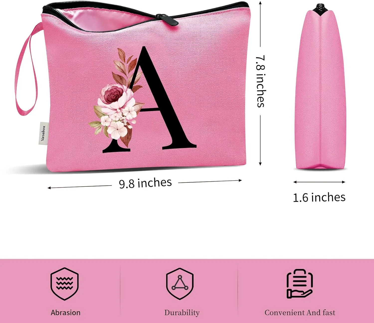 Vavabox A-Z Personalized Makeup Bag, Birthday Gifts for Women Mom, Gifts for Best Friend, Bride Bridesmaid Cosmetic bag (A, Peach)