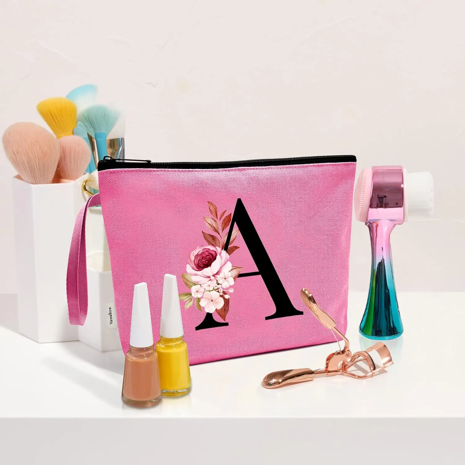 Vavabox A-Z Personalized Makeup Bag, Birthday Gifts for Women Mom, Gifts for Best Friend, Bride Bridesmaid Cosmetic bag (A, Peach)
