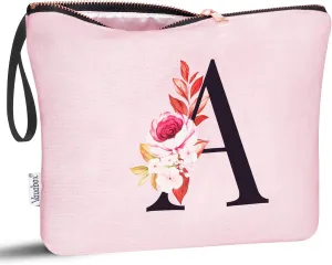 Vavabox A-Z Personalized Makeup Bag, Birthday Gifts for Women Mom, Gifts for Best Friend, Bride Bridesmaid Cosmetic bag (A, Pink)