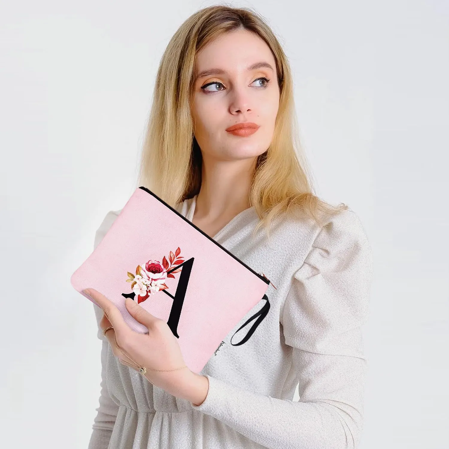 Vavabox A-Z Personalized Makeup Bag, Birthday Gifts for Women Mom, Gifts for Best Friend, Bride Bridesmaid Cosmetic bag (A, Pink)