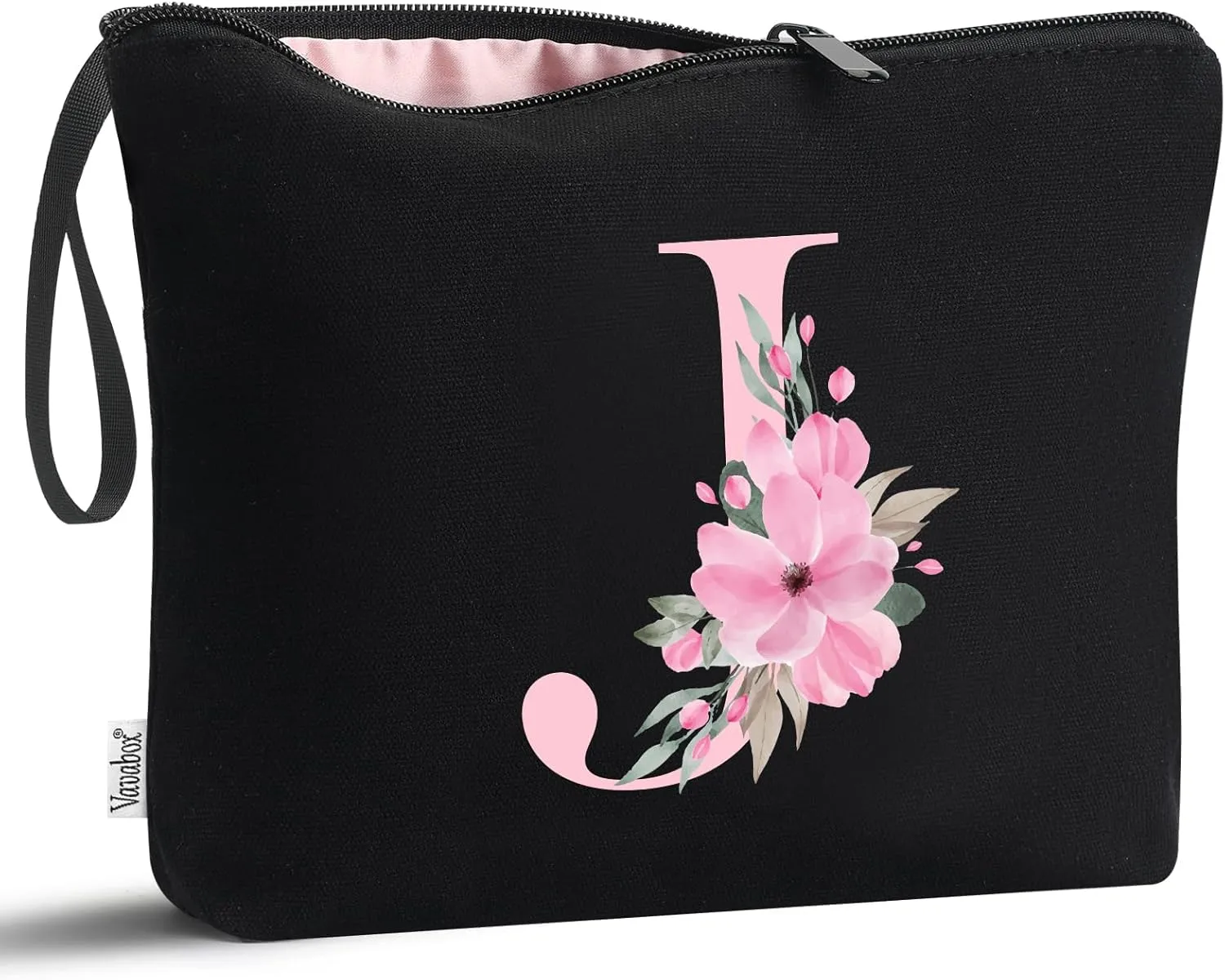 Vavabox A-Z Personalized Makeup Bag, Birthday Gifts for Women Mom, Gifts for Best Friend, Bride Bridesmaid Cosmetic bag (J, Black)
