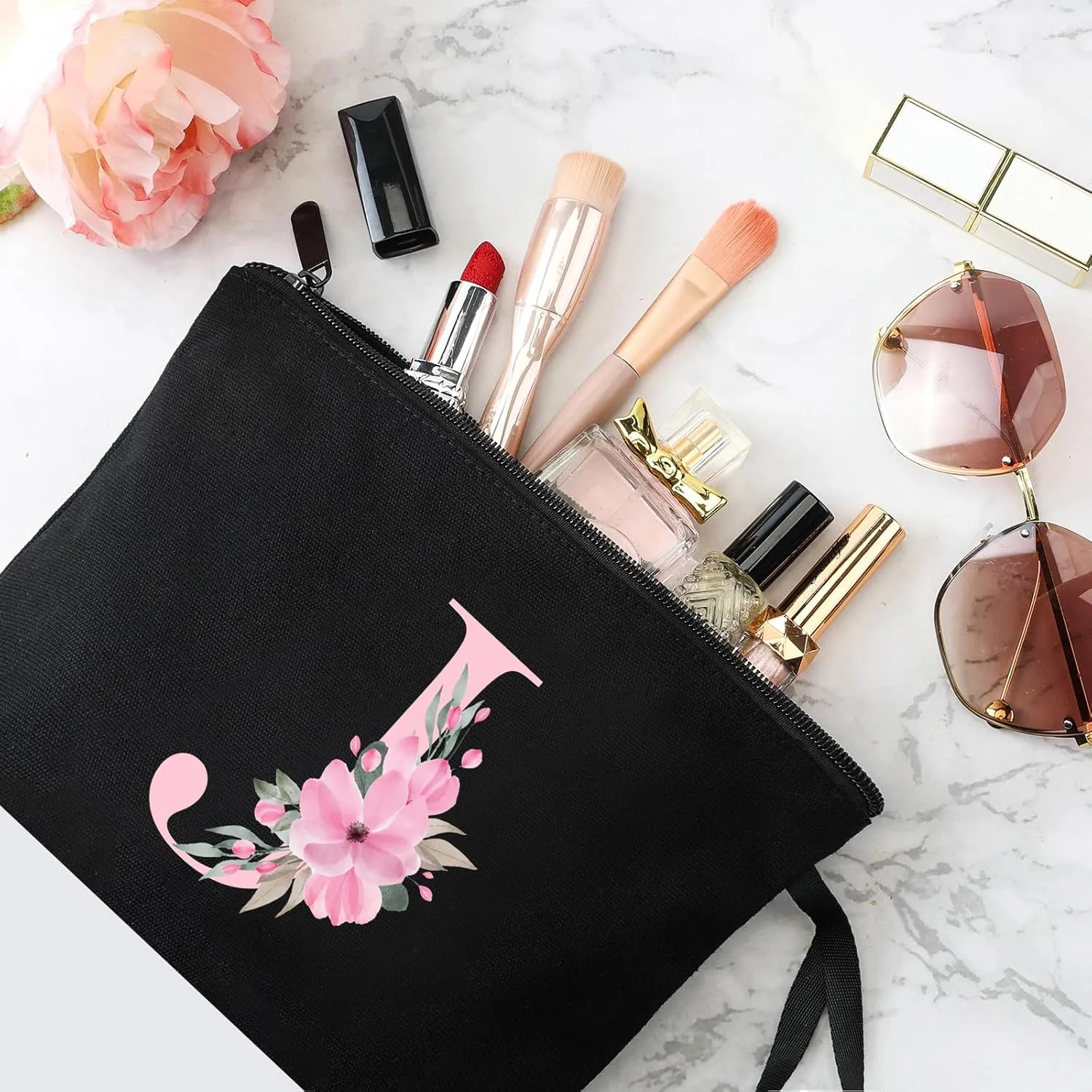 Vavabox A-Z Personalized Makeup Bag, Birthday Gifts for Women Mom, Gifts for Best Friend, Bride Bridesmaid Cosmetic bag (J, Black)