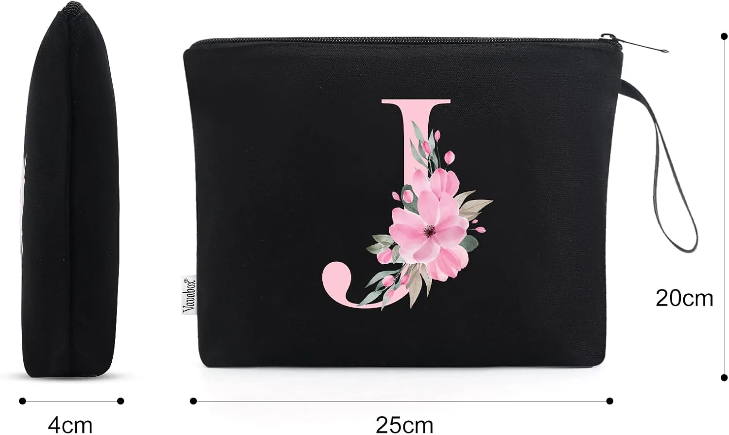 Vavabox A-Z Personalized Makeup Bag, Birthday Gifts for Women Mom, Gifts for Best Friend, Bride Bridesmaid Cosmetic bag (J, Black)