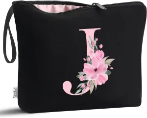 Vavabox A-Z Personalized Makeup Bag, Birthday Gifts for Women Mom, Gifts for Best Friend, Bride Bridesmaid Cosmetic bag (J, Black)