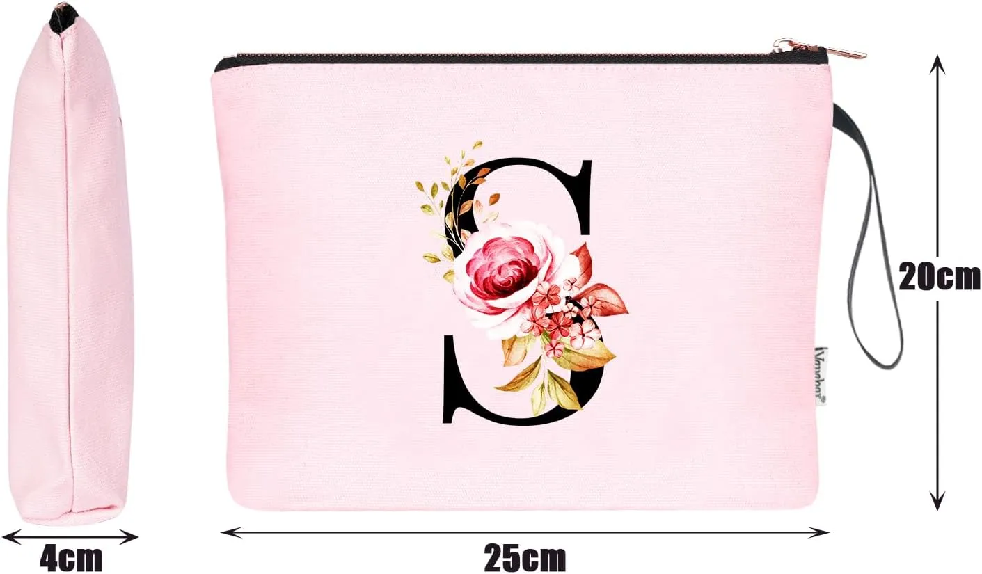 Vavabox A-Z Personalized Makeup Bag, Birthday Gifts for Women Mom, Gifts for Best Friend, Bride Bridesmaid Cosmetic bag (S, Pink)
