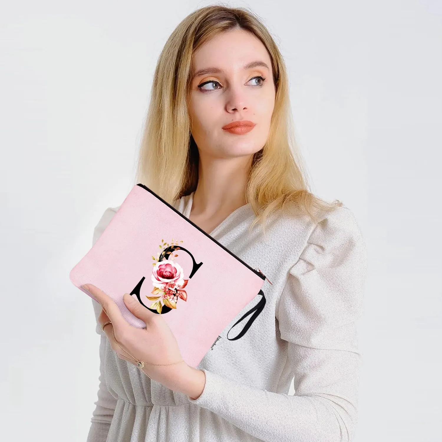Vavabox A-Z Personalized Makeup Bag, Birthday Gifts for Women Mom, Gifts for Best Friend, Bride Bridesmaid Cosmetic bag (S, Pink)