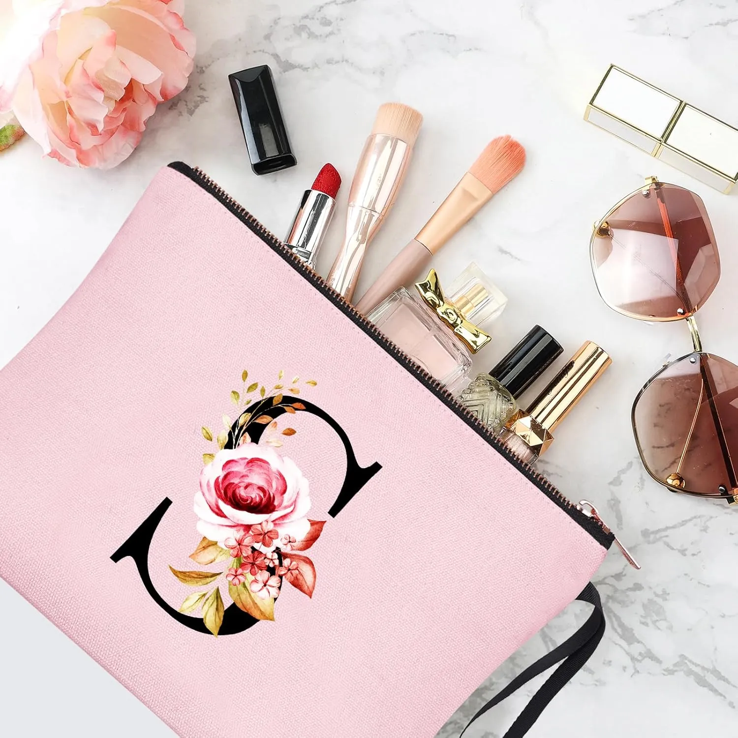 Vavabox A-Z Personalized Makeup Bag, Birthday Gifts for Women Mom, Gifts for Best Friend, Bride Bridesmaid Cosmetic bag (S, Pink)